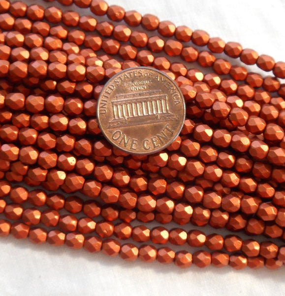 Fifty 4mm Matte Metallic Antique Copper Czech glass firepolished, faceted round beads, C5550 - Glorious Glass Beads