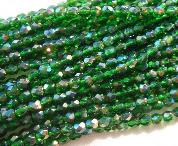 Fifty 4mm Czech Emerald Celsian Green glass round faceted firepolished beads, C5550 - Glorious Glass Beads