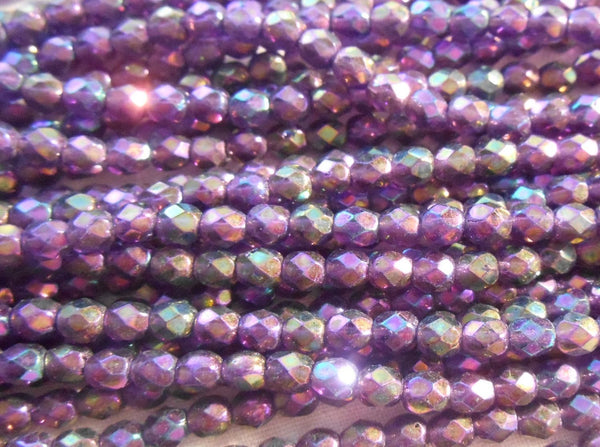 Fifty 4mm Czech Luster Iris Tanzanite glass round faceted firepolished beads, C2750