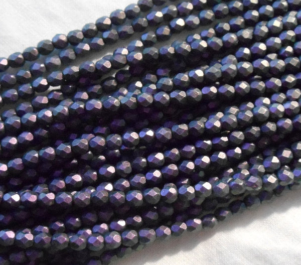 Fifty 4mm Czech Polychrome Black Currant opaque purple glass round faceted firepolished beads, C6750