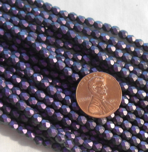 Fifty 4mm Czech Polychrome Black Currant opaque purple glass round faceted firepolished beads, C6750 - Glorious Glass Beads