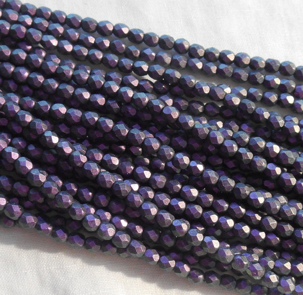 Fifty 4mm Czech Polychrome Black Currant opaque purple glass round faceted firepolished beads, C6750 - Glorious Glass Beads