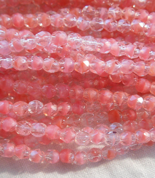 Fifty 4mm Czech glass, light Crystal Rosaline peach firepolished faceted round beads, C8550 - Glorious Glass Beads