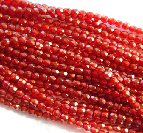 Fifty 4mm Halo Cardinal Red Czech glass firepolished, faceted round beads with a transparent gold finish, C60150 - Glorious Glass Beads