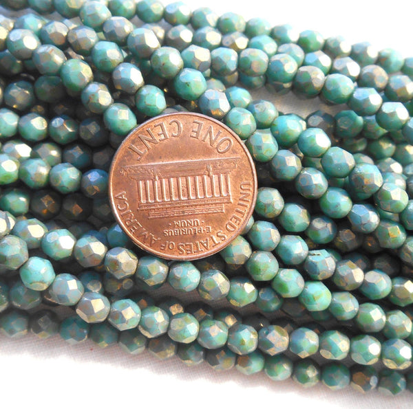 Fifty 4mm Turquoise Copper Picasso Czech glass firepolished, faceted round beads, C1650 - Glorious Glass Beads