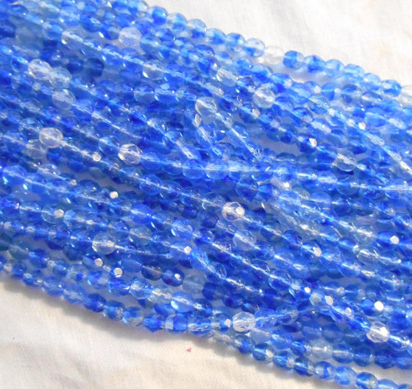 Fifty 4mm Czech Sapphire Blue & Crystal hurricane glass round faceted firepolished beads, C4550