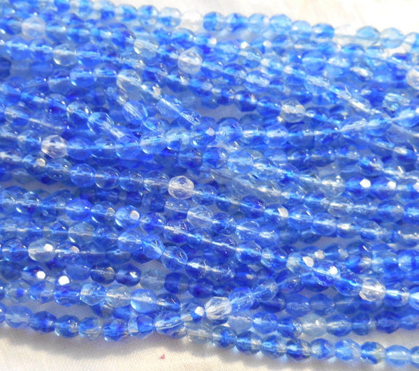 Fifty 4mm Czech Sapphire Blue & Crystal hurricane glass round faceted firepolished beads, C4550 - Glorious Glass Beads