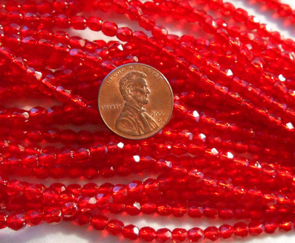 Fifty 4mm Czech Ruby Red Silver Lined glass, firepolished, faceted round beads, C9650 - Glorious Glass Beads