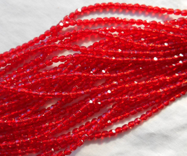 Fifty 4mm Czech Ruby Red Silver Lined glass, firepolished, faceted round beads, C9650 - Glorious Glass Beads