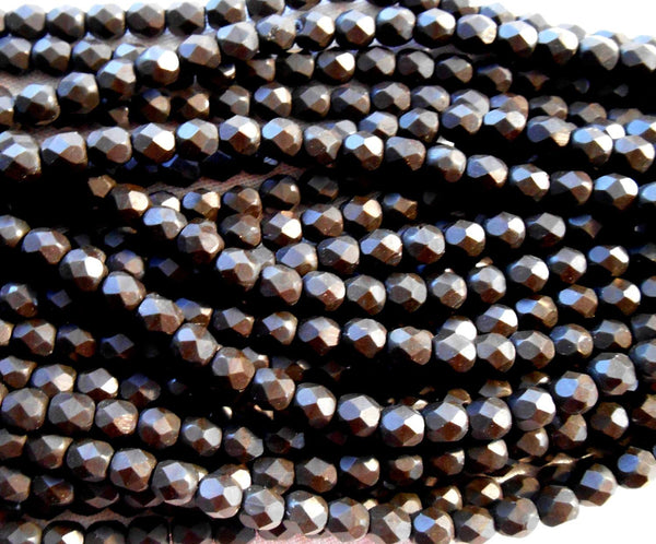 Fifty 4mm Czech glass opaque dark brown matte Wild Raisin firepolished faceted round beads, C2550