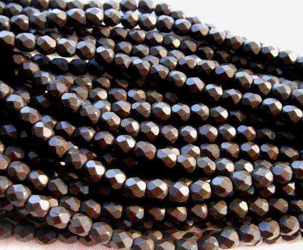 Fifty 4mm Czech glass opaque dark brown matte Wild Raisin firepolished faceted round beads, C2550 - Glorious Glass Beads