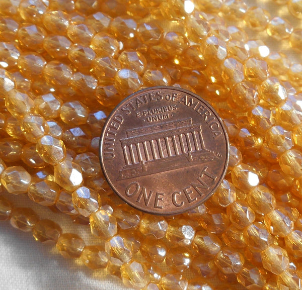 Fifty 4mm Luster Topaz, Amber Czech glass firepolished faceted round beads, C5550 - Glorious Glass Beads