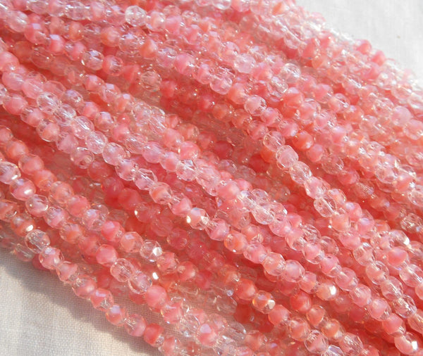 Fifty 4mm Czech glass, light Crystal Rosaline peach firepolished faceted round beads, C8550 - Glorious Glass Beads