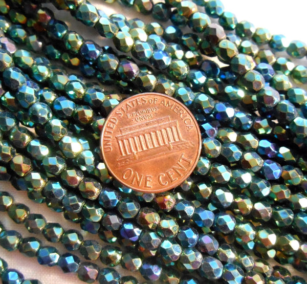 Fifty 4mm Iris Green Czech glass firepolished, faceted round beads, C5550 - Glorious Glass Beads