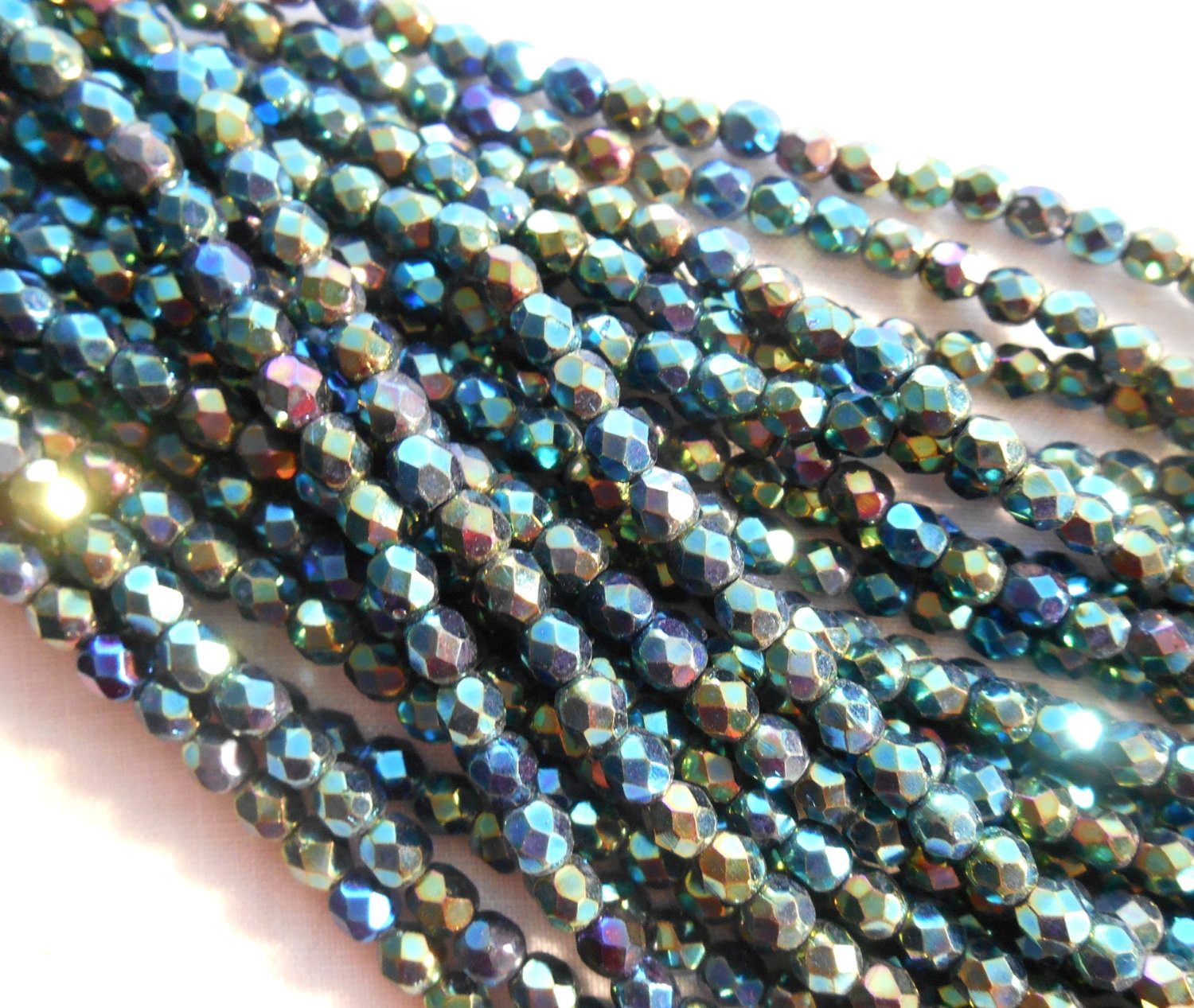 Fifty 4mm Iris Green Czech glass firepolished, faceted round beads, C5550 - Glorious Glass Beads
