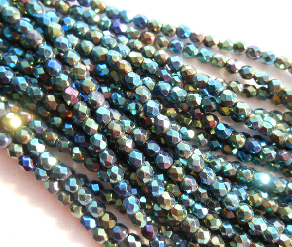 Fifty 4mm Iris Green Czech glass firepolished, faceted round beads, C5550 - Glorious Glass Beads