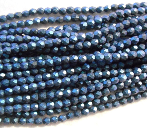 Fifty 4mm Polychrome Indigo Czech glass firepolished, faceted round beads, C6750