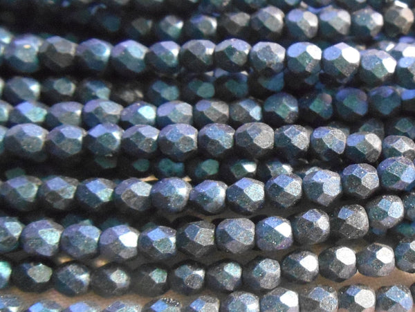 Fifty 4mm Polychrome Indigo Czech glass firepolished, faceted round beads, C6750 - Glorious Glass Beads