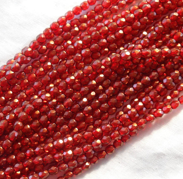 Fifty 4mm Halo Cardinal Red Czech glass firepolished, faceted round beads with a transparent gold finish, C60150 - Glorious Glass Beads