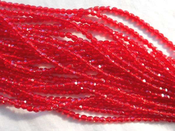 Fifty 4mm Czech Ruby Red Silver Lined glass, fire polished, faceted round beads, C0076