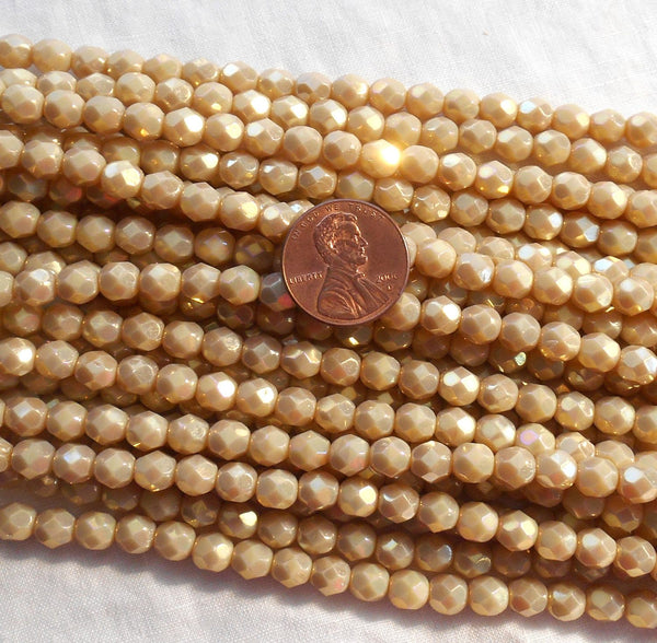 Fifty 4mm Czech glass opaque, Off White, Luster Iris, firepolished, faceted round beads, C9650 - Glorious Glass Beads