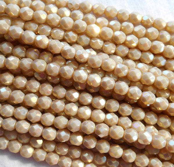 Fifty 4mm Czech glass opaque, Off White, Luster Iris, firepolished, faceted round beads, C9650 - Glorious Glass Beads
