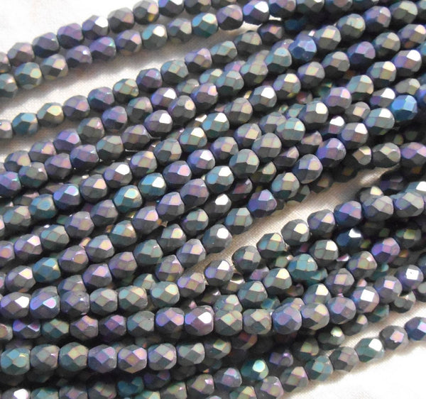 Fifty 4mm Matte Purple Iris Czech glass firepolished, faceted round beads, C5550