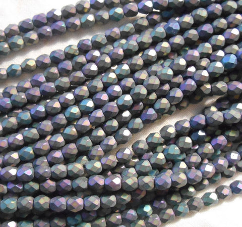Fifty 4mm Matte Purple Iris Czech glass firepolished, faceted round beads, C5550 - Glorious Glass Beads
