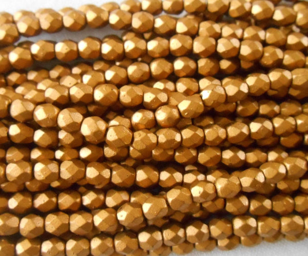 Fifty 4mm Matte Metallic Gold Goldenrod Czech glass firepolished, faceted round beads, C9650