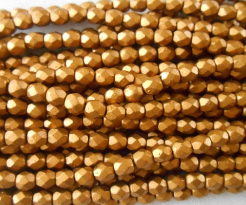 Fifty 4mm Matte Metallic Gold Goldenrod Czech glass firepolished, faceted round beads, C9650 - Glorious Glass Beads