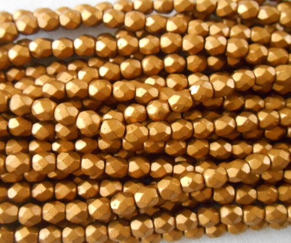 Fifty 3mm Matte Metallic Gold Czech glass,  firepolished, faceted round beads, C1550