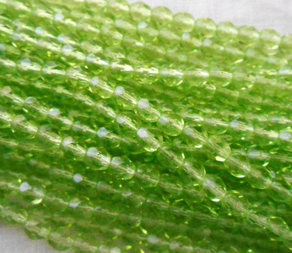Fifty 4mm Lime Green Czech firepolished, faceted round glass beads, C2550