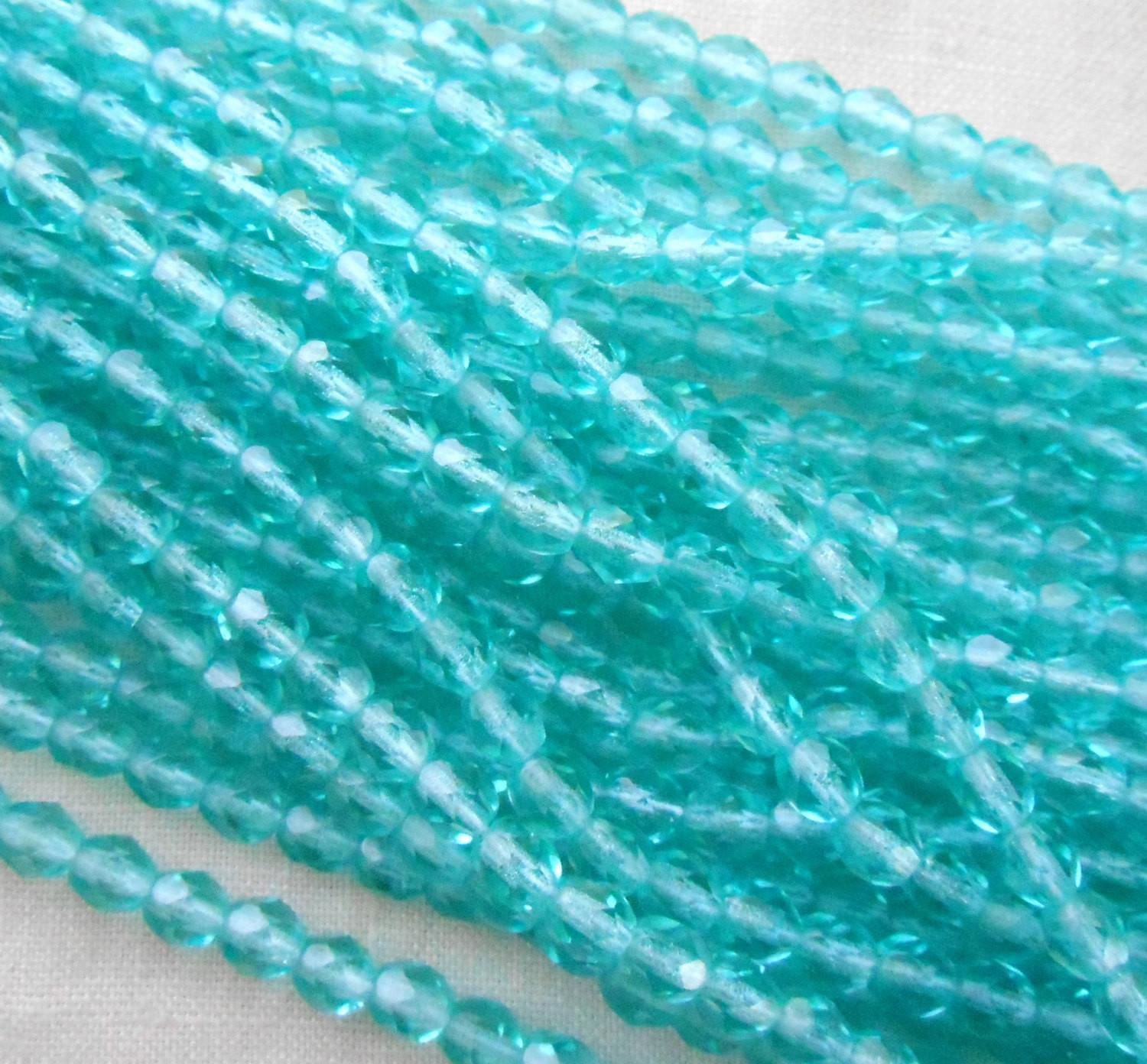 Fifty 4mm Czech glass Light Teal Blue Green firepolished faceted round glass beads, C2550 - Glorious Glass Beads