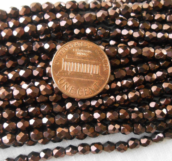 Fifty 4mm Czech glass, Brown Metallic, firepolished faceted round beads, C8550 - Glorious Glass Beads