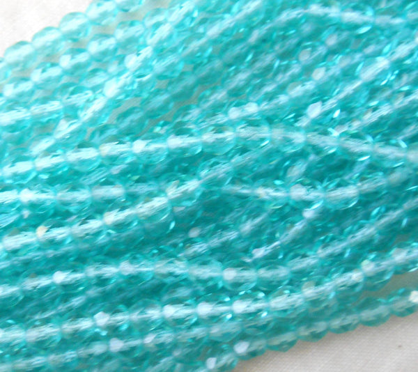 Fifty 4mm Czech glass Light Teal Blue Green firepolished faceted round glass beads, C2550 - Glorious Glass Beads