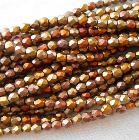 Fifty 3mm Czech Matte Metallic Gold Iris glass round faceted firepolished beads, C1550 - Glorious Glass Beads