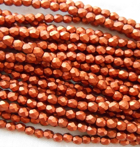 Fifty 3mm Matte Metallic Antique Copper Czech glass, firepolished, faceted round beads C1550 - Glorious Glass Beads