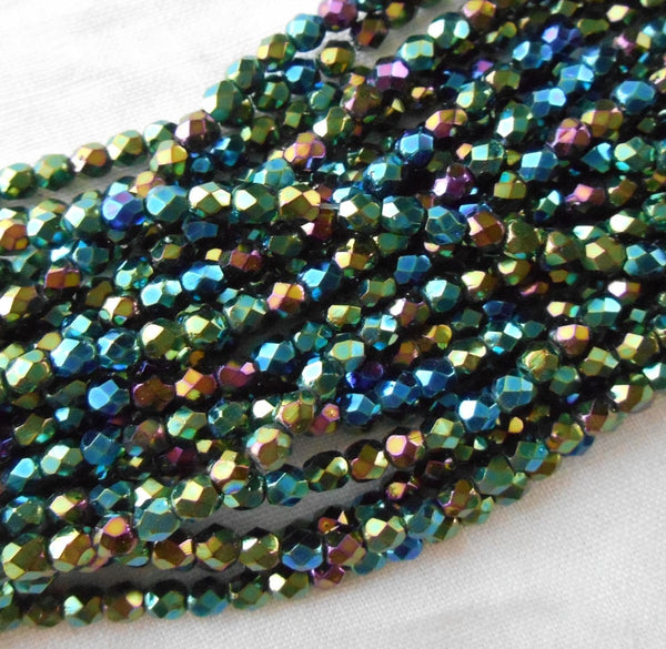 Fifty 3mm Czech Green Iris glass firepolished round faceted beads, C8450 - Glorious Glass Beads