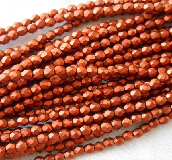 Fifty 3mm Matte Metallic Antique Copper Czech glass, firepolished, faceted round beads C1550 - Glorious Glass Beads