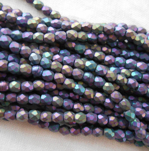 Fifty 3mm Matte Purple Iris Czech glass firepolished, faceted round beads, C0044
