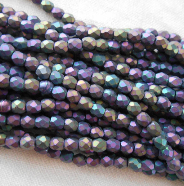 Fifty 3mm Matte Purple Iris Czech glass firepolished, faceted round beads, C8450 - Glorious Glass Beads