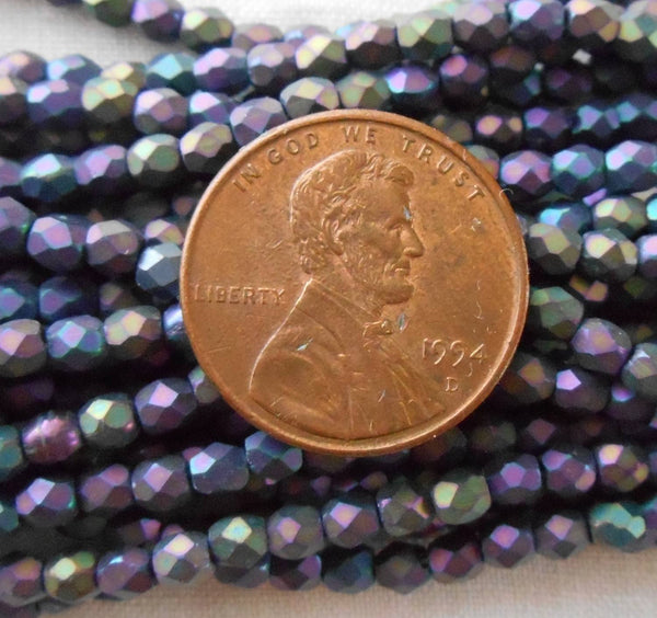 Fifty 3mm Matte Purple Iris Czech glass firepolished, faceted round beads, C8450 - Glorious Glass Beads