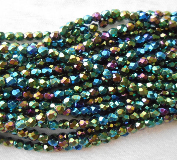 Fifty 3mm Czech Green Iris glass firepolished round faceted beads, C8450