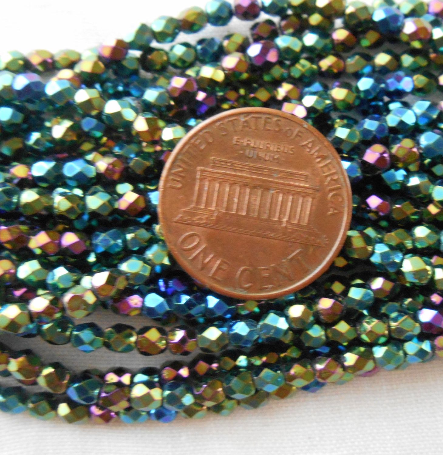 Fifty 3mm Czech Green Iris glass firepolished round faceted beads, C8450 - Glorious Glass Beads