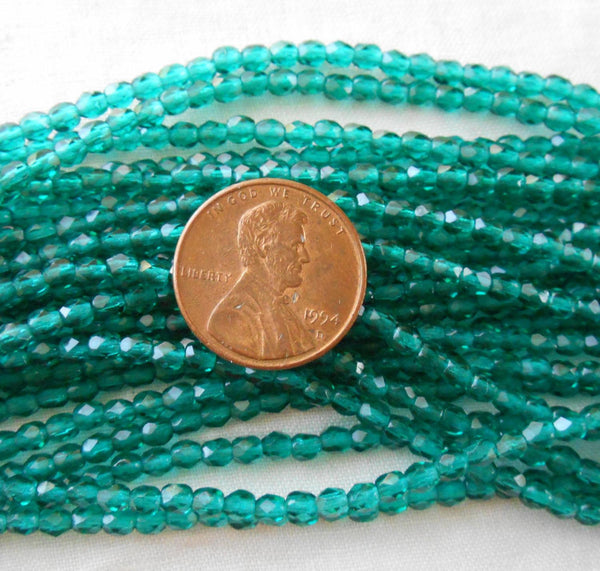 Fifty 3mm Czech Teal, Viridian glass round faceted firepolished beads, C1550 - Glorious Glass Beads