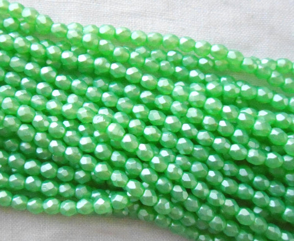 Fifty 3mm Czech Luster Satin Green glass, round faceted firepolished beads, C6650
