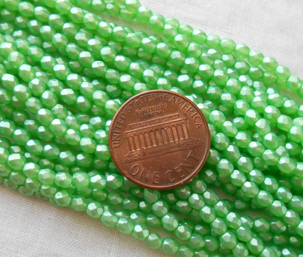 Fifty 3mm Czech Luster Satin Green glass, round faceted firepolished beads, C6650 - Glorious Glass Beads
