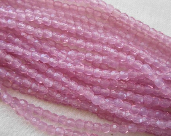 Fifty 3mm Czech glass Milky Pink Opal, firepolished faceted round beads, C8450 - Glorious Glass Beads