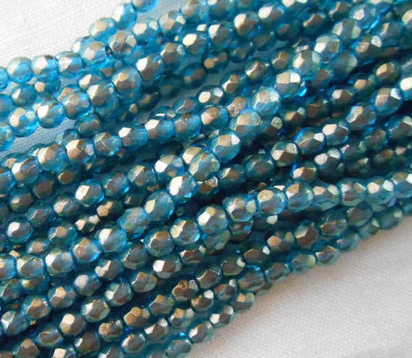 Fifty 3mm Halo Azurite Czech firepolished, glass gold faceted round beads, C8750 - Glorious Glass Beads