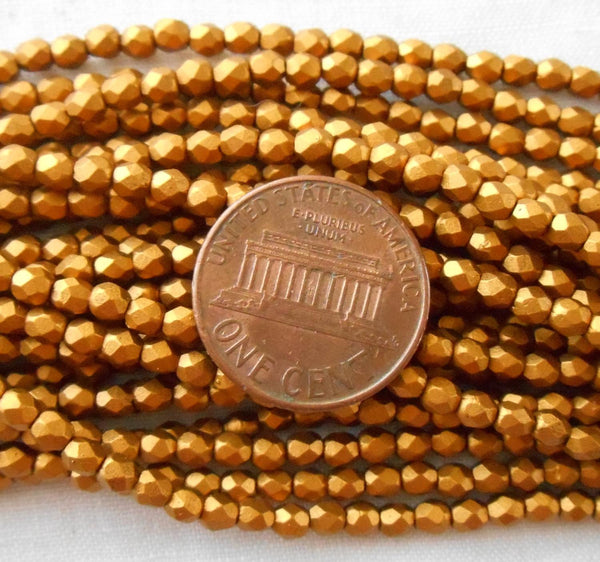 Fifty 3mm Matte Metallic Antique Gold Czech glass firepolished, faceted round beads, C1550 - Glorious Glass Beads